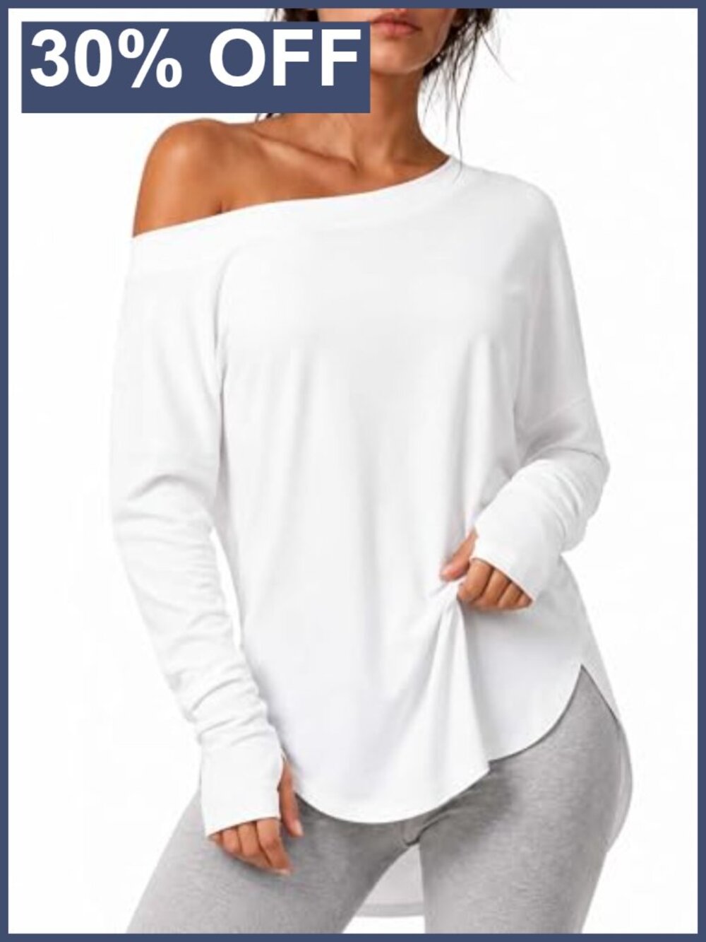 Off Shoulder Long Sleeve Workout Top with Thumbholes Curved Hem